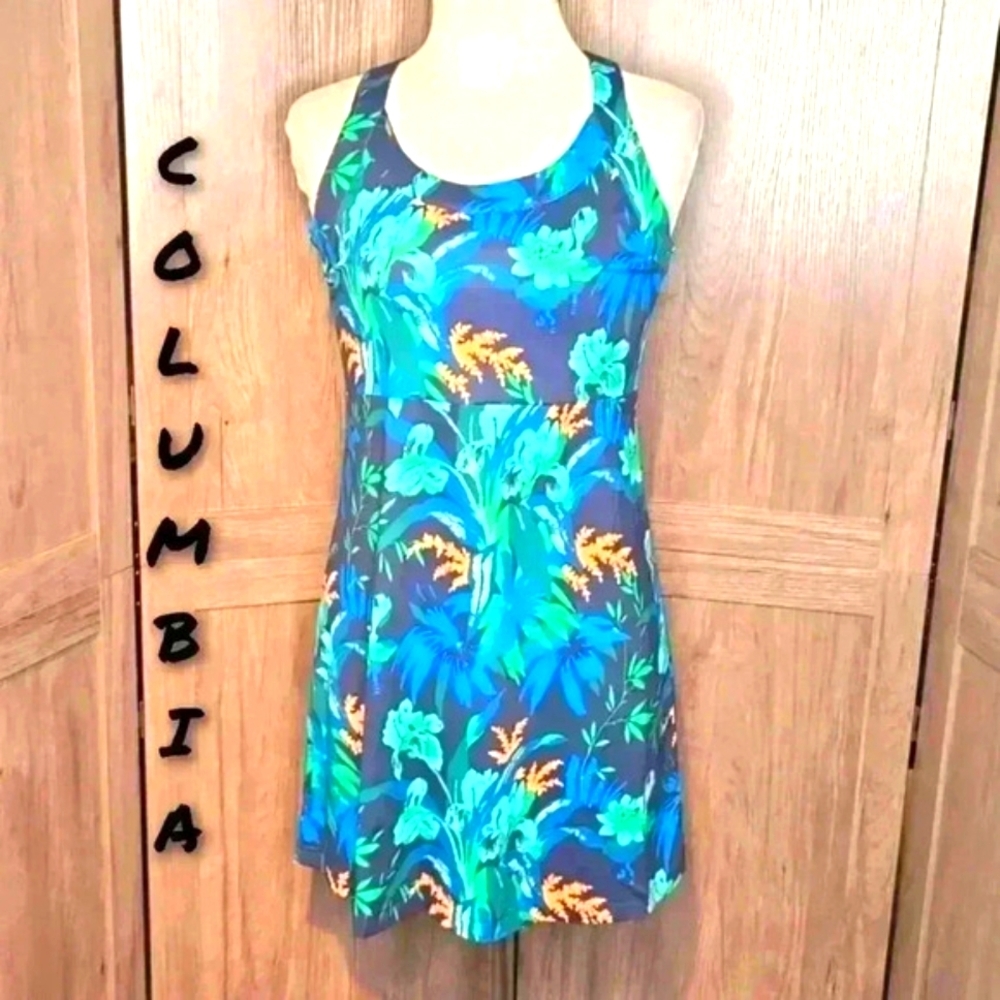Columbia sportswear Bay Blue Green Floral Tropical Sleeveless Mini Dress XS